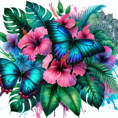 Naklejka premium Butterflies flying around tropical flowers with lush green leaves, creating a colorful nature scene