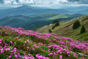 A beautiful mountain landscape with a field of pink flowers. The flowers are scattered throughout the field, creating a serene and peaceful atmosphere