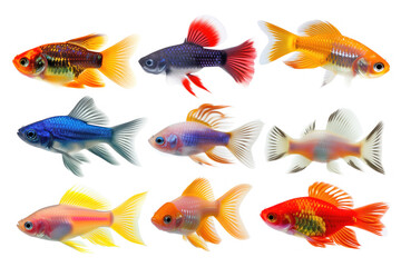 A row of fish with different colors and patterns