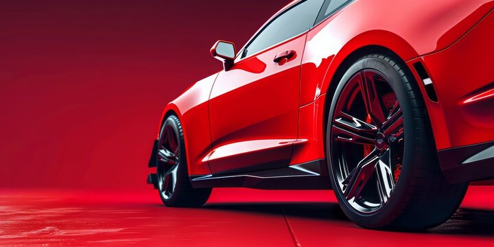 Close-up view of a sleek red sports car with glossy finish and modern design details on a vibrant red background. Concept of luxury, speed, and automotive excellence.