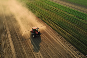 Trattore durante l'irrigazione di un campo agricolo visto dall'alto