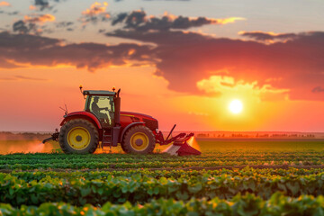 Fototapeta premium Trattore durante l'irrigazione di un campo agricolo al tramonto