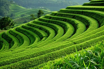 This detailed concept showcases a vibrant and lush green highland plant terrace nestled within a natural agriculture landscape. The verdant grass and diverse groundcover