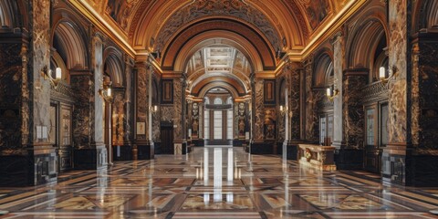 Obraz premium Explore a captivating urban interior design featuring symmetrical wooden elements, a striking artistic ceiling, and classic city hall ambiance