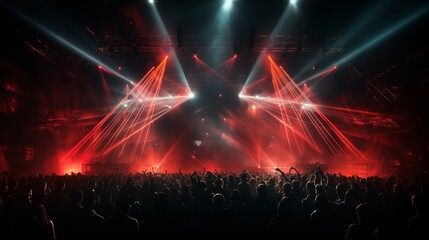 Energetic Concert under Red Laser Lights with Enthusiastic Crowd.