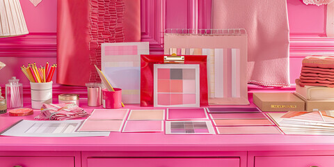 Vibrant Pink Interior Designer's Haven: Pink desk with color swatches, fabric samples, and sketches, showcasing a fun and playful work environment