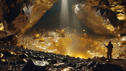Gleaming Depths: Deep Inside a Gold Mine, Miners Working Diligently with Tools to Extract Precious Gold, Amidst Sparkling Rock Walls, Generative AI