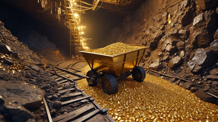 Underground Wealth: Gold Mine Shaft with Tracks and Carts Filled with Glittering Gold Nuggets, Miners Working Tirelessly, Generative AI