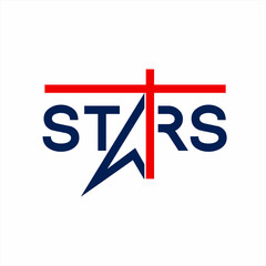 Stars logo design with an illustration of a star and a cross on the letter A.