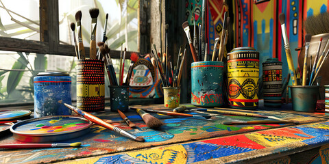Fototapeta premium African Tribal Artist's Studio: Colorful desk with traditional instruments and paints, reflecting the cultural heritage of an African artist.