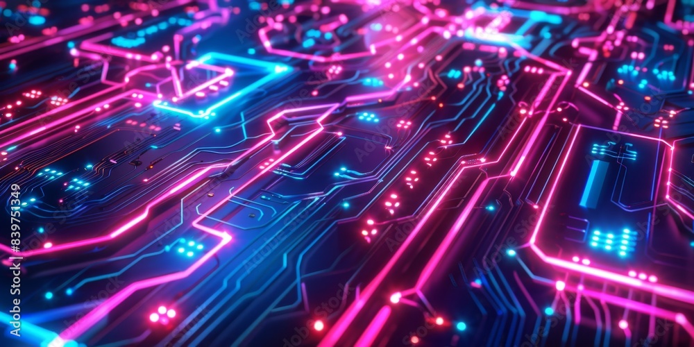 Poster glowing neon circuitry abstract pattern in pink and blue