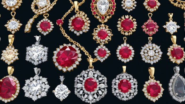 Dazzling Display: Assortment of Diamond and Ruby Pendants, Each Shimmering with Unmatched Brilliance, Generative AI