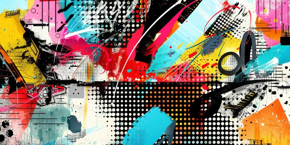 Poster abstract graffiti collage with halftone patterns and vibrant colors