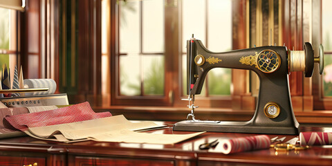 American Fashion Designer's Atelier: Vintage desk with fabric swatches, scissors, and a sewing machine, representing a stylish career in the United States.
