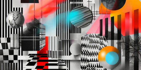 Obraz premium Abstract Geometric Collage With Black and White Stripes and Vibrant Colors