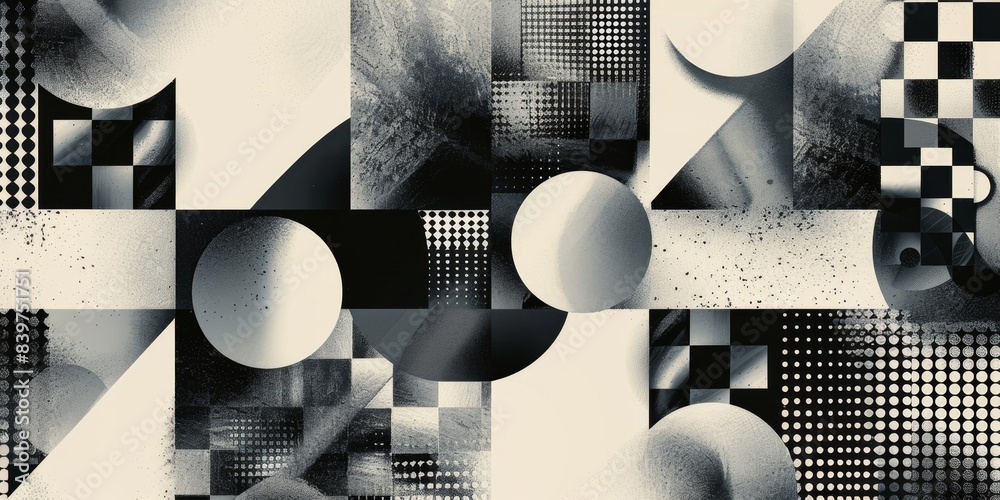 Poster abstract geometric collage with checkered patterns and grayscale circles