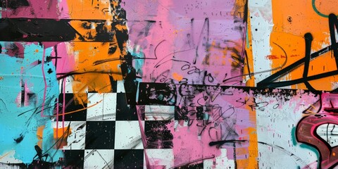 Abstract Graffiti Art on Urban Wall With Checkerboard Pattern