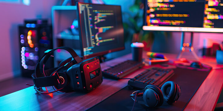 Virtual Reality Game Developer's Haven: Futuristic desk with VR headset and coding tools, indicating a technologically advanced career.