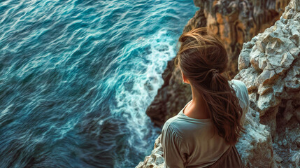 Fototapeta premium Courage woman standing high above the ocean on the edge of a cliff.