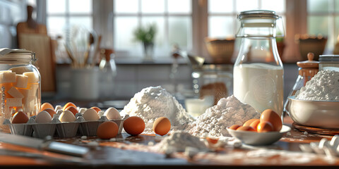 French Pastry Chef Kitchen: Organized workspace with ingredients like flour, sugar, and eggs, showcasing a chef's artistry in France.