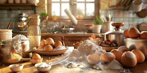 French Pastry Chef Kitchen: Organized workspace with ingredients like flour, sugar, and eggs, showcasing a chef's artistry in France.