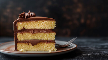 Yellow cake slice with chocolate frosting