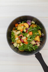 flat lay of pot with cut and diced vegetables ready to be cooked or stir fried
