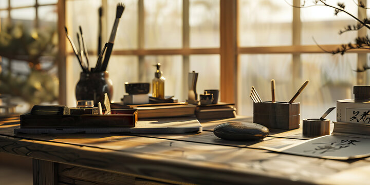 Japanese Minimalist Studio: Simplistic desk with calligraphy supplies, inkstone and brush, symbolizing a traditional artist in Japan.