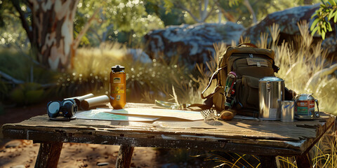 Australian Outdoor Explorer: Rustic desk in a natural setting with camping gear and a map, portraying an adventurous outdoor enthusiast in Australia.