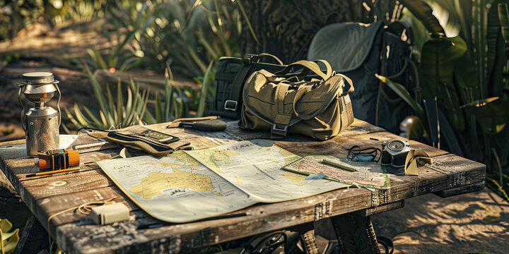 Australian Outdoor Explorer: Rustic desk in a natural setting with camping gear and a map, portraying an adventurous outdoor enthusiast in Australia.