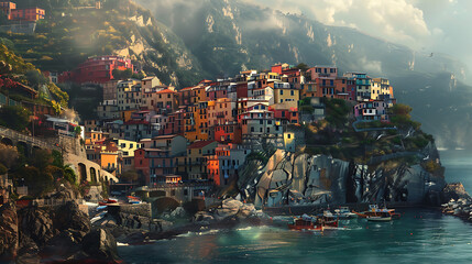 a charming coastal town nestled on steep hills, its colorful buildings stacked in multiple layers