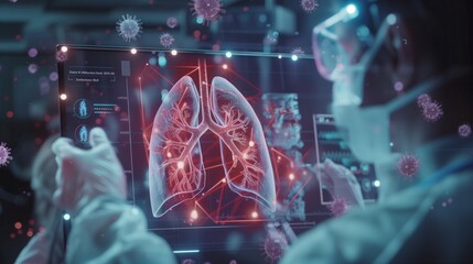 Healthcare professional examining a 3D lung visualization amid virus particles. Advanced medical diagnostic display