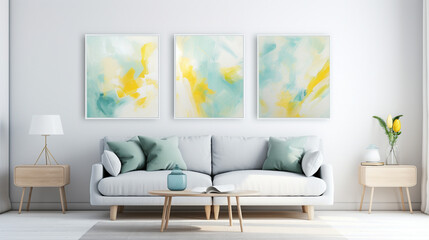 Modern Living Room with Abstract Art on White Walls  