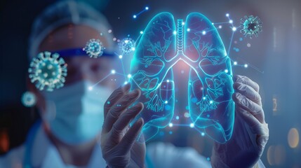 Healthcare professional examining a 3D lung visualization amid virus particles. Advanced medical diagnostic display