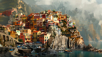 a charming coastal town nestled on steep hills, its colorful buildings stacked in multiple layers