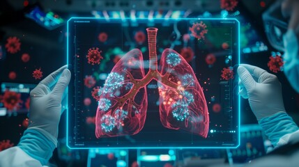 Healthcare professional examining a 3D lung visualization amid virus particles. Advanced medical diagnostic display