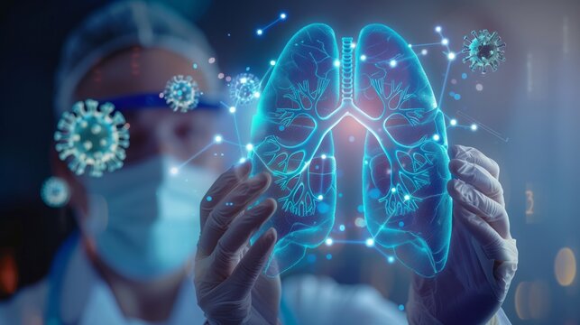 Healthcare professional examining a 3D lung visualization amid virus particles. Advanced medical diagnostic display
