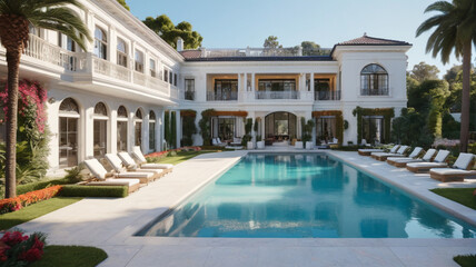 Fototapeta premium Beverly Hills Mansion: Opulent Apartment with Expansive Grounds, Pool, and Gourmet Kitchen, Generative AI
