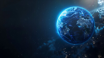 The image depicts a stylized representation of Earth glowing with blue light against a dark space background