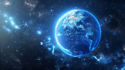 The image depicts a stylized representation of Earth glowing with blue light against a dark space background