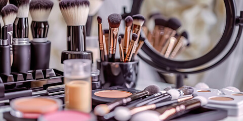 Trendy Makeup Artist's Station: Vanity table with makeup brushes, foundation, and a makeup mirror, portraying a skilled makeup artist.