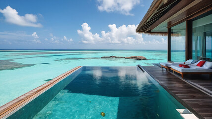 Fototapeta premium Maldives Overwater Bungalow: High-End Apartment with Glass Floors, Private Pool, and Ocean Views, Generative AI