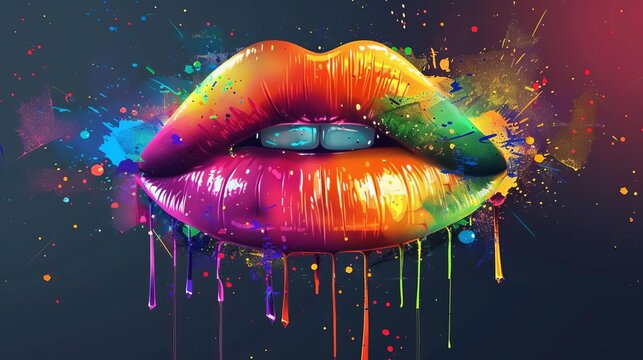 colorful lips dripping with rainbow paint vector illustration background