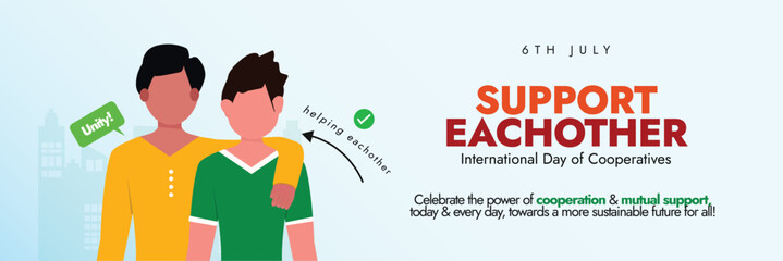 International day of Cooperatives. 6th July International day of Cooperatives cover banner with two friendly boys. The day is celebrated to promote the principles of cooperative model suitable for SDG