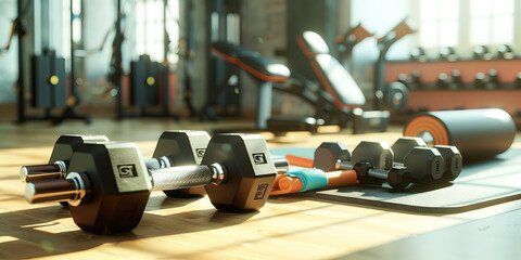 Dynamic Personal Trainer's Studio: Gym equipment like dumbbells and a yoga mat, along with a fitness tracker, signifying a hardworking personal trainer