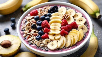 Fototapeta premium Smoothie Bowl Delight: Blended Fruit Smoothie Topped with Sliced Bananas, Berries, Nuts, and Chia Seeds, Generative AI