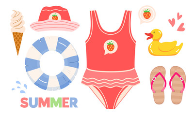 Set of accessories for little girl for family vacation on beach by sea: swimsuit, sun-protective Panama hat, flip-flops, inflatable swimming ring, ice cream cone, rubber toy duck. Vector illustration.