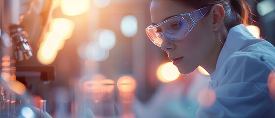 A scientist wearing protective goggles concentrates on an experiment in a high-tech laboratory, illuminated by bright lights and scientific equipment.