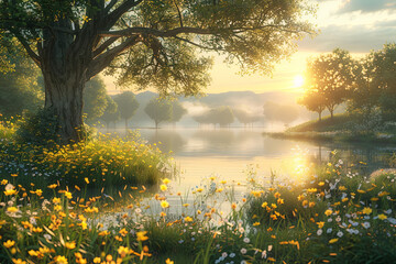 Fototapeta premium Sunrise Over River with Trees