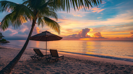 A tranquil beach scene at sunset with two lounge chairs under a straw umbrella facing the ocean. Palm trees and a vibrant sky with hues of orange, yellow, and blue add to the serene atmosphere